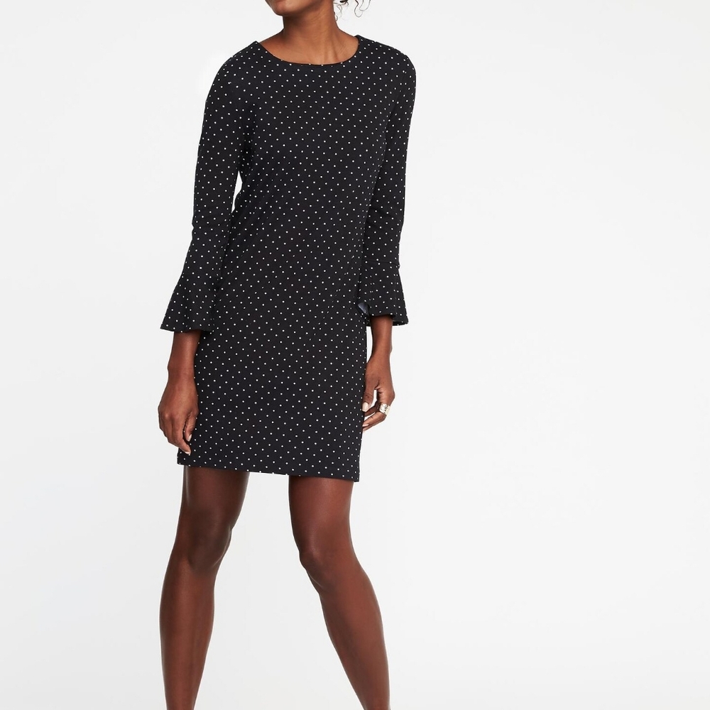 Old Navy Black White Polka Dot Ponte Knit Ruffle Long Sleeve Shift Dress Medium